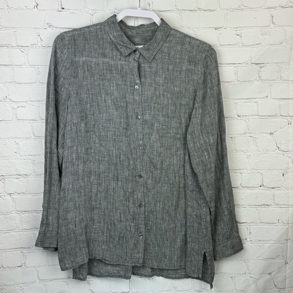 J JILL Love Linen Medium Essential Shirt Long Sleeve Button Up Heather Gray